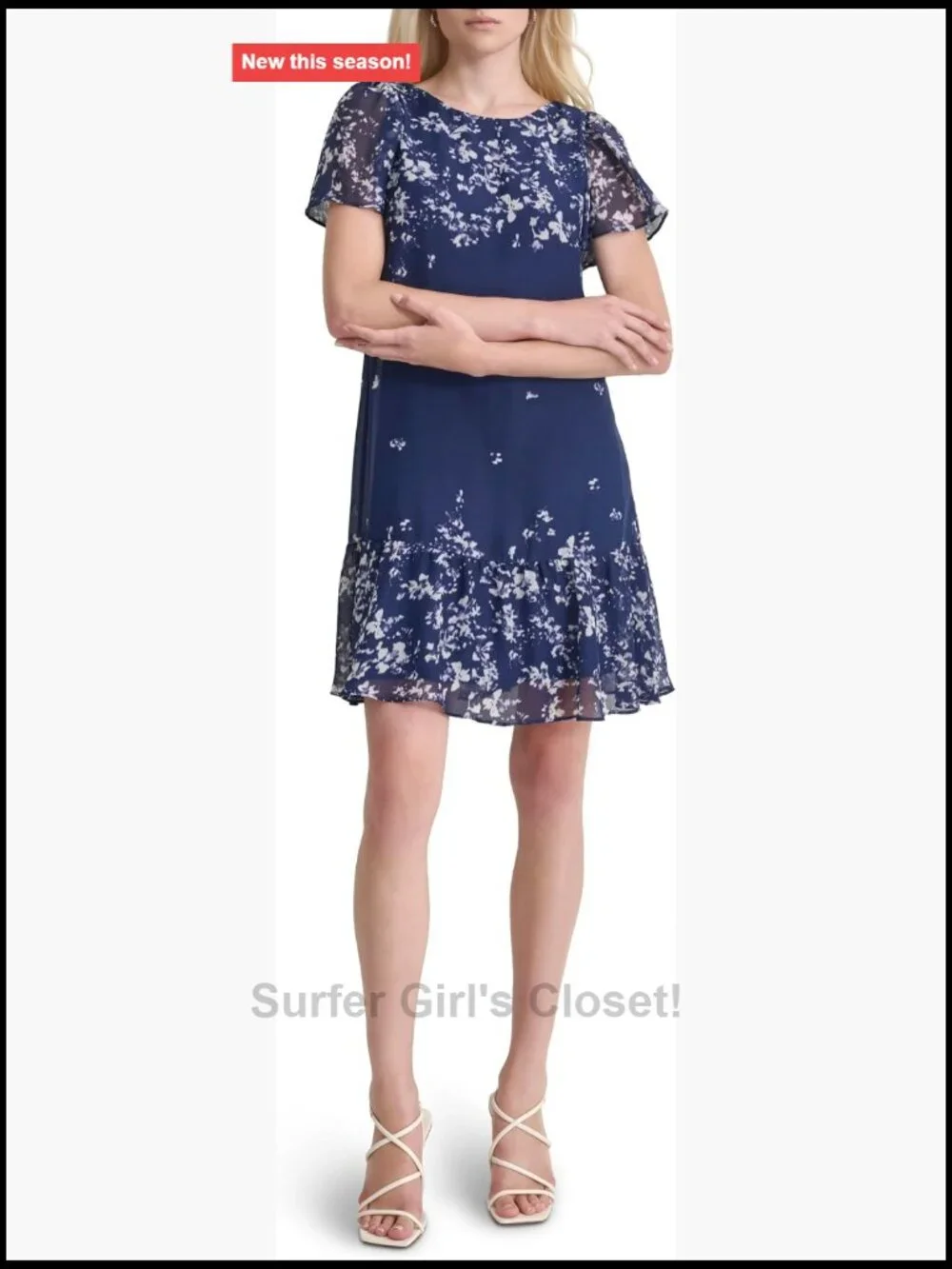 DKNY Flutter Sleeve Ruffle Hem Shift Mini Dress Polyester Zipper